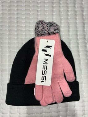Messi Kids Two-Tone Pom Beanie and Gloves Set - Pink & Black